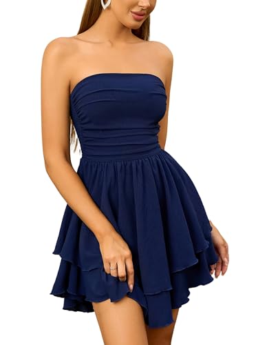 Parthea Women's Sexy Strapless Ruffle Hem Mini Dresses Ruched Waist Sleeveless A Line Tube Top Short Party Dress