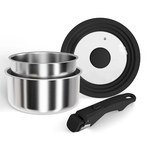 Töpfe Set mit Abnehmbaren Griffen,Edelstahl kochtopf set Ø 18 cm und Ø 20 cm Töpfen, abnehmbarem Griff und Mehrzweck-Silikondeckel, alle Herdplatten,backofenfest,PTFE- und PFOA-frei