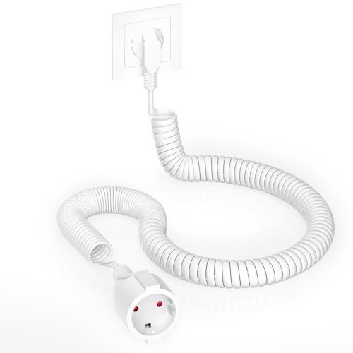 Schutzkontakt-Spiralverl&auml;ngerung, 1,05 m auf 5m dehnbares Spiral-Kabel mit Schutzkontaktwickelstecker & Schutzkontaktkupplung, (230V/16A) PVC Verl&auml;ngerungskabel, IP20, wei&szlig;