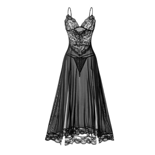 [���X] Women'S Sexy Pajamas V Neck Nightwear Two-piece Women's Lingerie Sexy Strappy Long Slit Nightgown(Black,M)