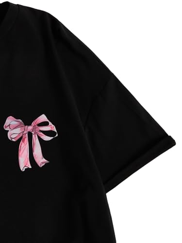 Verdusa Girl's Graphic Bow Print Tees Short Sleeve Tee Shirts Round Neck Loose Summer Tops4