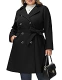 Hanna Nikole Winter Coats for Women Plus Size Button Front Black Peacoat with Belt long Trench Coat Black 22W