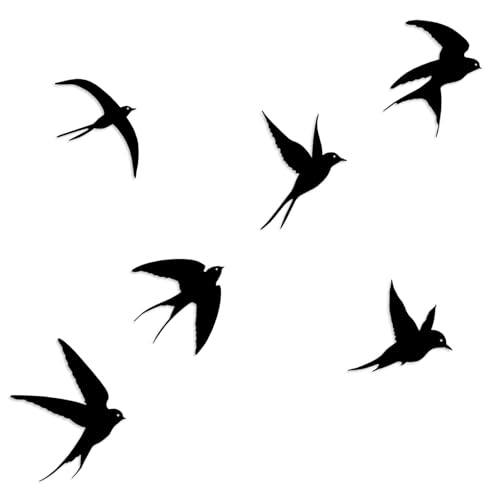 Vögel Metall Wanddekoration,6pcs Schwarze Vögel Metallic Wand Kunst Deko,Schwalbe Metall Outdoor Hängende Dekorative,Vogel Wandskulptur für Haus Küche Terrasse Wohnzimmer Bad Garten