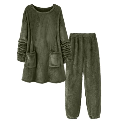 Eauptffy Pijama para mujer de invierno, mullido, de forro polar, cálido, elegante, de 2 piezas, ropa de salón cálida para mujer, conjunto de peluche, pijama de dos piezas, O Ejército Verde, L