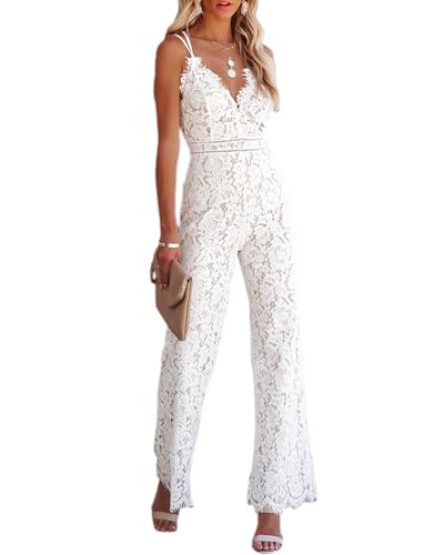 Women Sexy V Neck Backless Hollow Out Floral Lace Long Pants Jumpsuit High Waist Wide Leg Lace Romper Overall(WH-M)