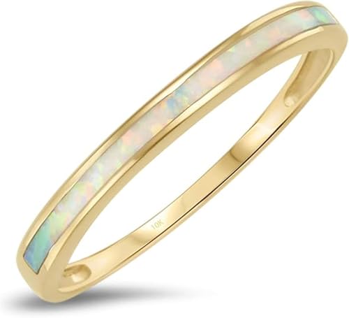 BQfife10k Yellow Gold White Opal Inlay Band Ring Dainty Non Hypo-allergenic Gold Ring For Women (10)