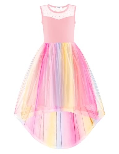 Image of Arshiner Girls Dresses Formal Party Wedding Tulle Sleeveless Contrast Mesh High Low Dress with Belt