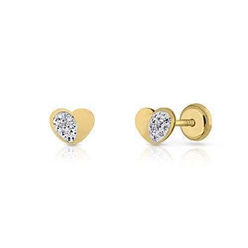 Orecchini A Cuore In Oro 9kt - Con Pietre Incastonate - 5x5,5 Mm - Chiusura A Vite Di Sicurezza - Per Bambina O Donna