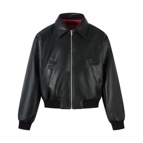 Chaqueta retro de piel sintética para hombre, estilo retro, color liso, con solapa, manga larga, bolsillo, Negro, L