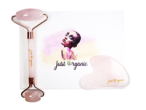 Just Organic Jade Roller & Gua Sha Set Facial Beauty Tools, Face Roller Skin Massager for Face, Neck and Eye Treatment Ice Roller for Skin Care Routine & Puffiness Relief (Pink)