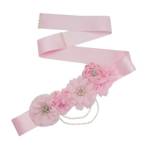 BESPORTBLE Pink Floral Pearl Rhinestone Maternity Waist Belt Decorative Girdle for Shower Wedding Dress Party Accessory Bridal Sash Dress Gown Belt
