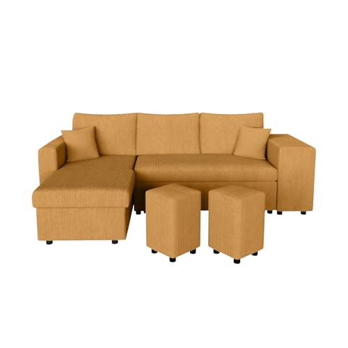 LOUNGITUDE Canapé d'angle réversible Convertible Oslo avec Coffre et 2 poufs en Velours côtelé