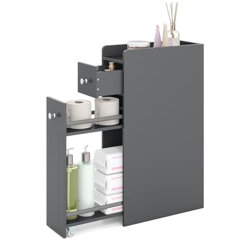 COSTWAY Nischenschrank, Badschrank mit Schublade & Rollen, Badezimmerschrank klein, Aufbewahrungsschrank Holz, Seitenschrank für kleine Räume (Grau)