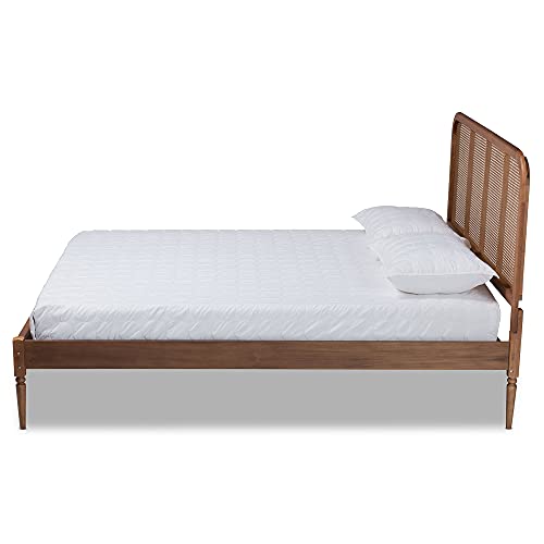 Baxton Studio Elston Mid-Century Modern Walnut Brown Finished Wood And Synthetic Rattan Full Size Platform Bed #TOP1