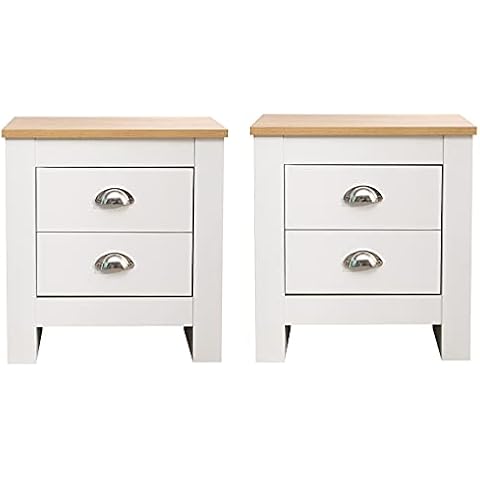 FUSIDE 2 Drawers White and Oak Bedside Table Set Cover