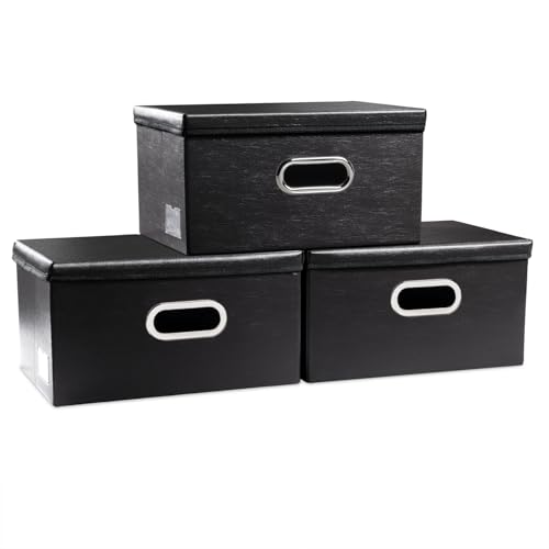 PRANDOM Collapsible Storage Box with Lid [3-Pack] Leather Fabric Foldable Storage Bin Organizer Container Basket Cube with Cover for Home Bedroom Closet Office Nursery Black(13.6x9.6x6.9)