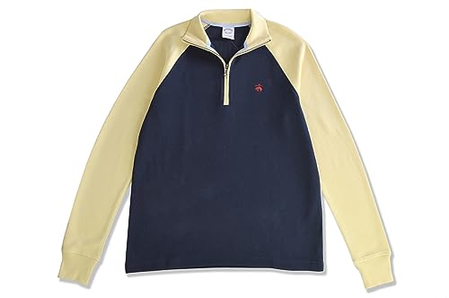 Brooks Brothers Men's Two Tone Cotton Mock Neck Half-Zip Sweater, Navy Blue/Yellow & Red2