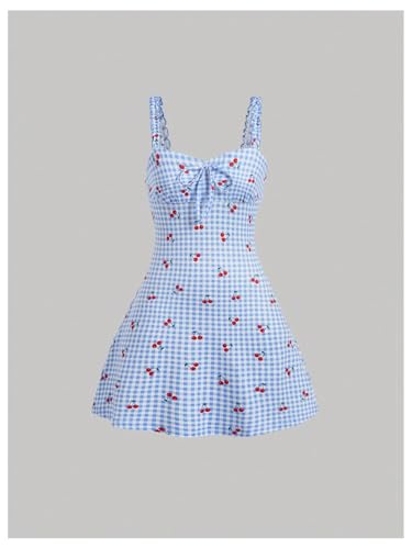 Girl's Plaid Cherry Cami Dress Gingham Bowknot Sweetheart Neck Flowy A Line Short Dresses3