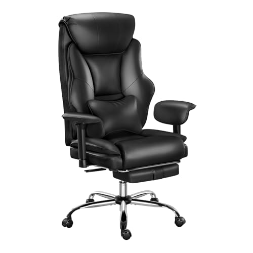 WOLTU Sillón Ejecutivo Ergonómica, Silla Oficina con Respaldo Alto y Cojín Soporte Lumbar, Giratoria con Reposapies Retráctil y Función Mecedora, Asiento PU, para Oficina o Casa, Negro