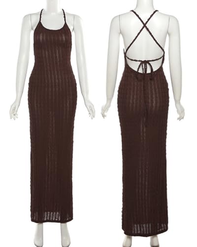 Image of RARITYUS Women's Lace Up Bodycon Maxi Dress Sexy Low Cut Backless Sleeveless Textured Long Party Club Dresses