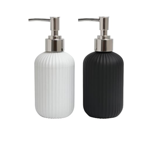 Image of LAGET 300ml Soap Dispenser for Wash Basin -Ribbed Design | Kitchen and Bathroom Accessories Items | Liquid Handwash Dispenser Bottle Chrome Finsih Top- Set of 2 (White and Black)