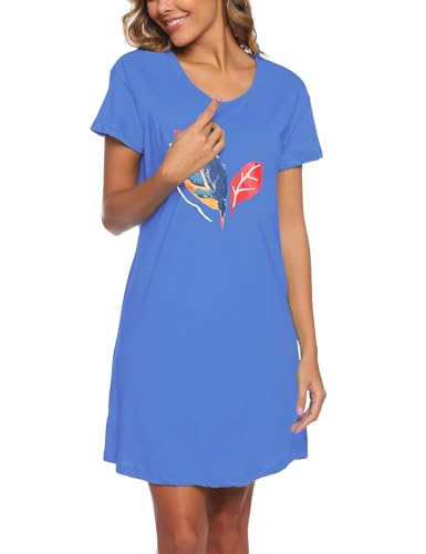 Image of ENJOYNIGHT Womens Cotton Nightgown Short Sleeve Sleepshirt Print Nightshirt | Short-Sleeve Crew Neck, Soft Cotton Fabric, Cartoon Printed Sleep Shirt, Loose Fit
