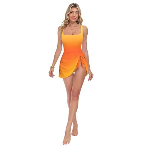 Maillot de bain une pièce froncé femme orange jaune dégradé push up avec bas