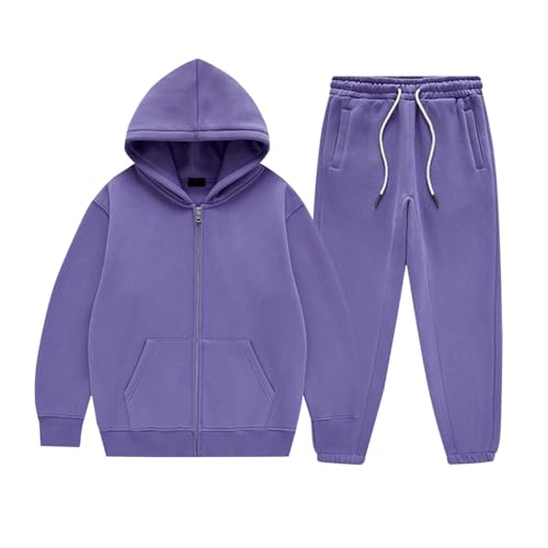 Girls Boys Solid Color Zipper Hoodie and Sweatpants Outfits Fall Winter Fleece Lined Sweatsuit School Uniform Tracksuit Sets