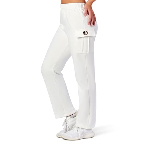 NCAA Florida State Seminoles Women's Fleece Cargo Pants, Straight Leg Lounge Trousers with Utility Pockets, Soft Thermal Outdoor Bottoms for Travel, Hiking, Casual Winter Wear, XX-Large White