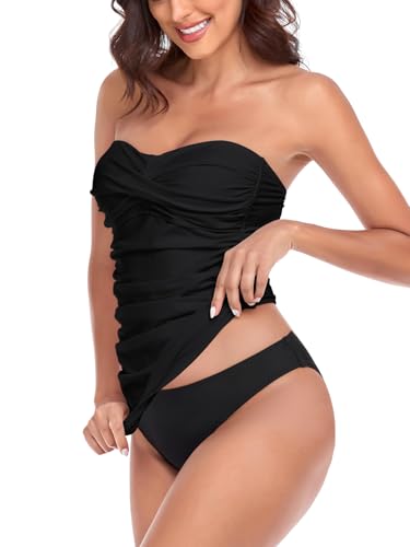 RELLECIGA Women’s Ruched Tankini Sets Tummy Control Two Pieces Bathing Suit Bandeau Tankini with Cheeky Swimsuit Bottom2