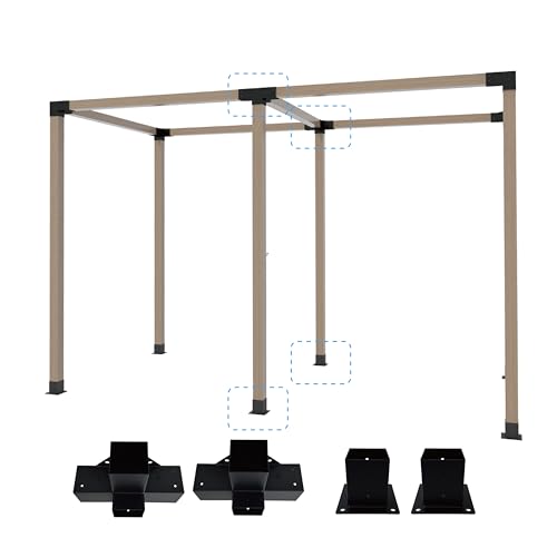 Pergola Bracket Kit 4x4, 2pcs 4-Way Heavy Duty Corner Bracket and 2pcs Base, Used to Connect Extended Pavilion Wooden Beams, for Gazebo, Patio Pergolas, Log Cabin Outdoor, Wood Stand Sheds