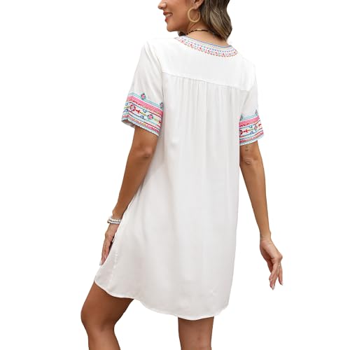 Image of Grosy Fiesta Embroidered Mexican Dress for Women Beach Vacation Plus Size Short Sleeve Summer Boho Dresses with Pocket