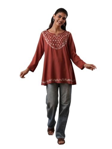 Image of QAZMI Women's Azra Kashmiri A-Line Full Sleeves Viscose Rayon Short Kurti