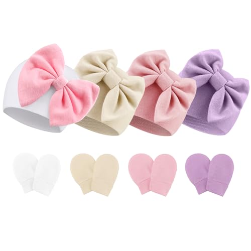 Image of BQUBO Newborn Baby Hats Mittens Set Hospital Hat Beanie Infant Bow Hats Baby Gloves No Scratch Mittens for 0-6 Months