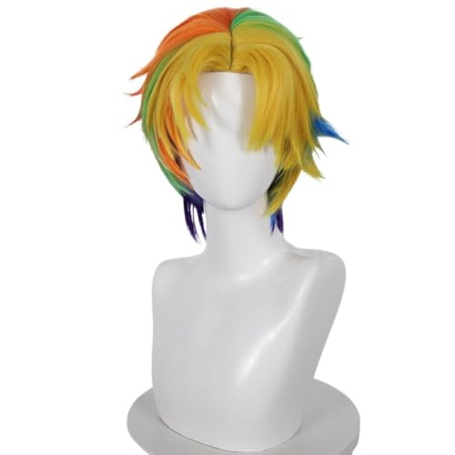 Perruque cosplay courte arc-en-ciel avec frange soignée ondulée jaune orange vert bleu