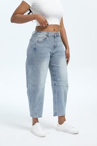 Women's Round Bucket Baggy Middle Waist Fashion Cutting Elasticity Ankle Pants Wide Leg Jeans DenimBlue Medium2