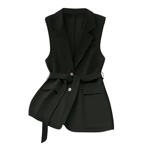 Women's Sleeveless Belted Blazer Jackets, Elegant Lapel Dressy Blazer Vest with Pockets