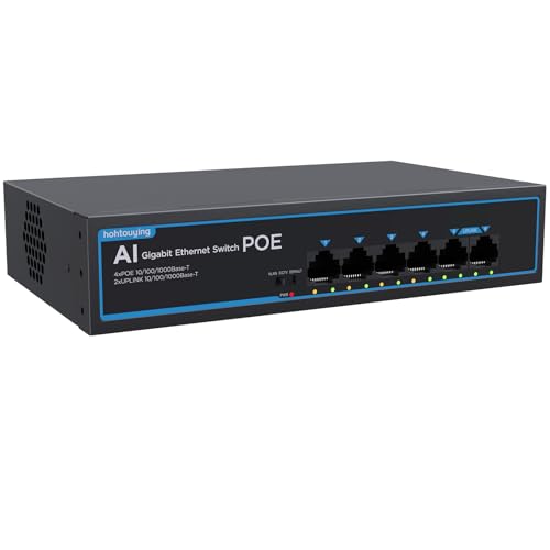 hohtouying 4 Port Gigabit PoE Switch with 2 Gigabit Uplink 1000Mbps 802.3af/at 65W Built-in Power Vlan Unmanaged Metal Plug and Play Ideal for NVR and Power Over Ethernet Security Cameras