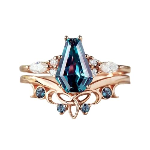 Unique Coffin Cut Alexandrite Ring Set for Women Solid Gold Vintage Engagement Ring Art Deco Alexandrite and Moissanite Wedding Promise Ring Set for Her