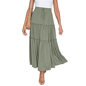HAEOF Women’s Boho Elastic High Waist A Line Ruffle Swing Beach Maxi Skirt with Pockets