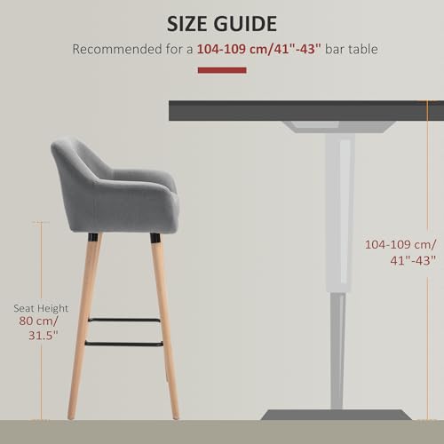 HOMCOM Set of 2 Bar Stools Modern Upholstered Seat Bar Chairs w/Metal Frame, Solid Wood Legs Living Room Dining Room Fabric Furniture - Grey