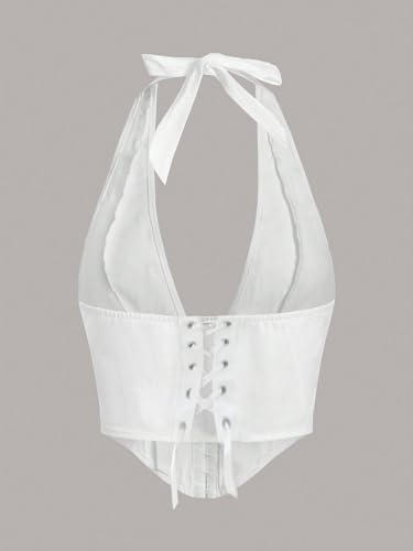 WDIRARA Women's Y2K Halter Top Deep V Backless Asymmetrical Hem Cami Crop Tops4