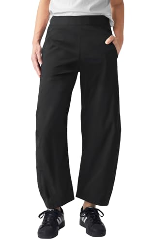EGOCKAL Womens Elastic Waist Ankle Pants Baggy Curved Tapered Leg Barrel Travel Pants with Pockets Black