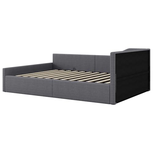 Dolamaní Hydraulisch Stauraumbett Eckbett 140x200 mit Lattenrost aus Holz, Doppelbett Leinen Polsterbett Tagesbett Gästebett für Kinder Jugendliche und Erwachsene, ohne Matratze (Grau)