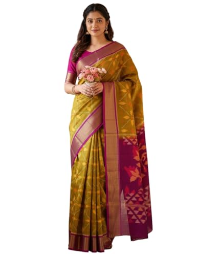 Image of AYYAPPASILK Women's Exclusive Ikkat Silk Saree for Designer Border with Contrast Blouse