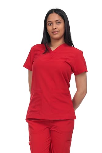 Nurse Scrub Tops for Women, Relaxed Fit, Lightweight Cotton Blend, Flexible Comfort, 4 Way Stretch (US, Alpha, Large, Regular, Regular, 2, Red)