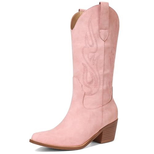 AOSPHIRAYLIAN Cowboy Boots for Women Retro Pointed Toe Pull On Block Chunky Heel Glitter Sparkly Metallic Embroidecamel Country Concert Outfits Calf Western Cowgirl Boots