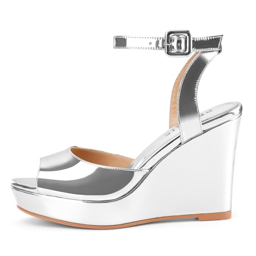 Image of Women's Dressy Platform Wedge Sandals Gold Wedges Peep Toe Patent High Heels Slingback Heeled Comfortable Ankle Strap Shoes