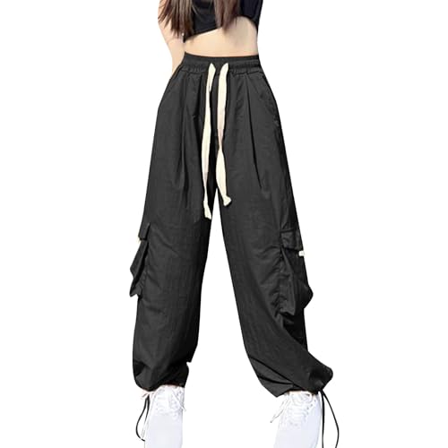 Akklian Fashion Cargo Pants Women Baggy Parachute Pants Y2K Teen Girl Outdoor Drawstring Elastic Waist Pants with Pockets