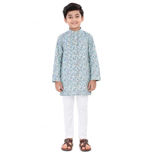 Image of Boys Cotton Full Sleeve Printed Kurta Pyjama Set, Chikankari Kurta Kids Ethnic wear Festive & Traditional Outfit | Boys Kurta Pajama Set